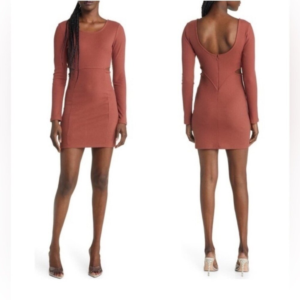 Open Edit Womens Rust Ribbed Cutout Long-Sleeve Mini Dress Size M - Picture 10 of 11